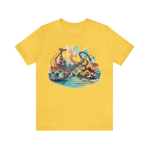 Thrills and Spills Colorful Roller Coaster Graphic Tee - Unisex Cotton T-Shirt for Amusement Park Lovers