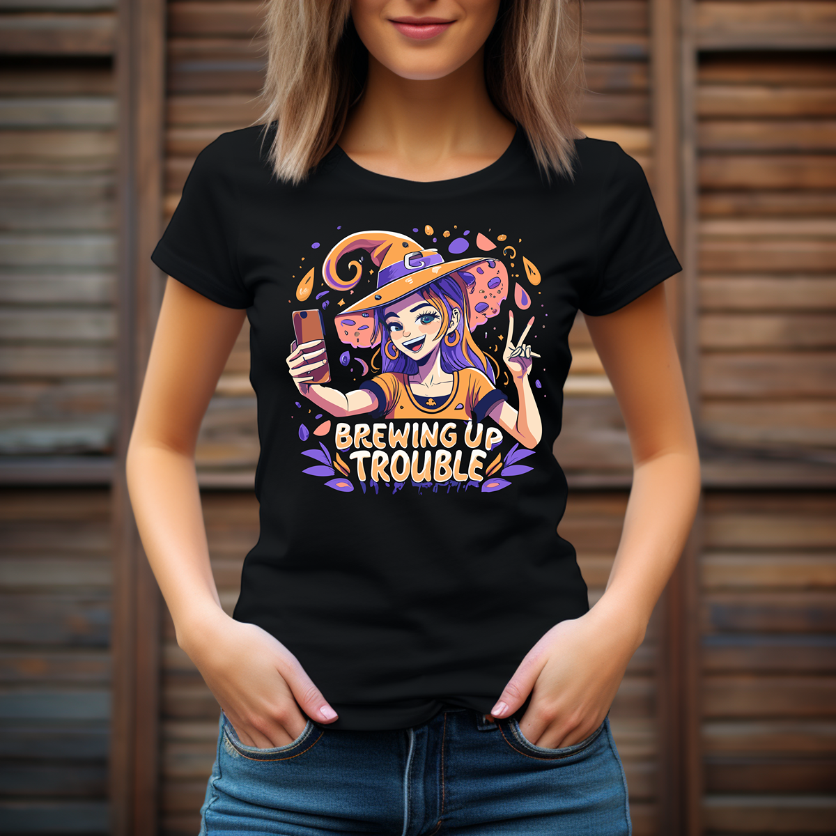 Brewing Up Trouble Witch Halloween Selfie Shirt