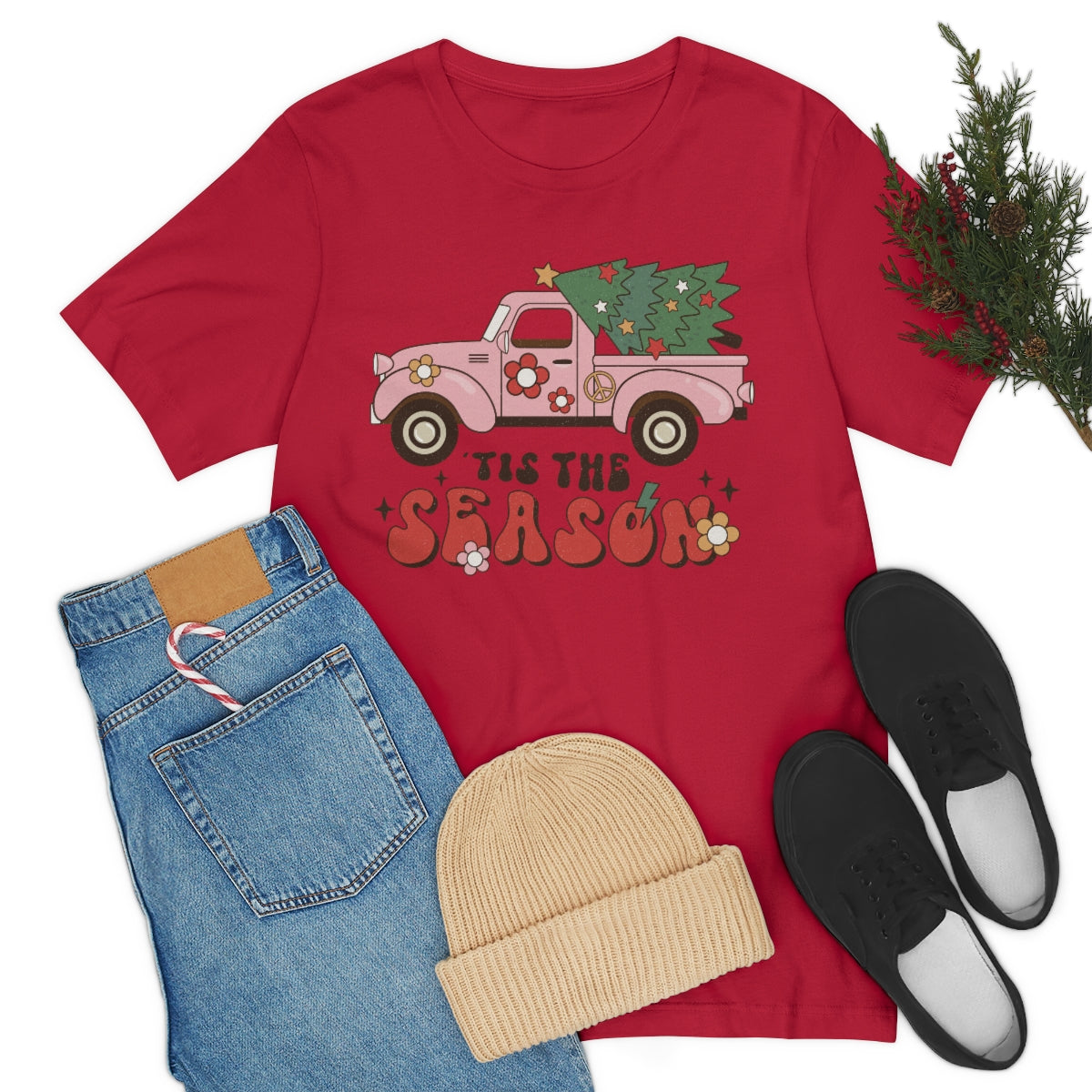 Tis the Season Pink Truck With Cut Christmas Tree Shirt