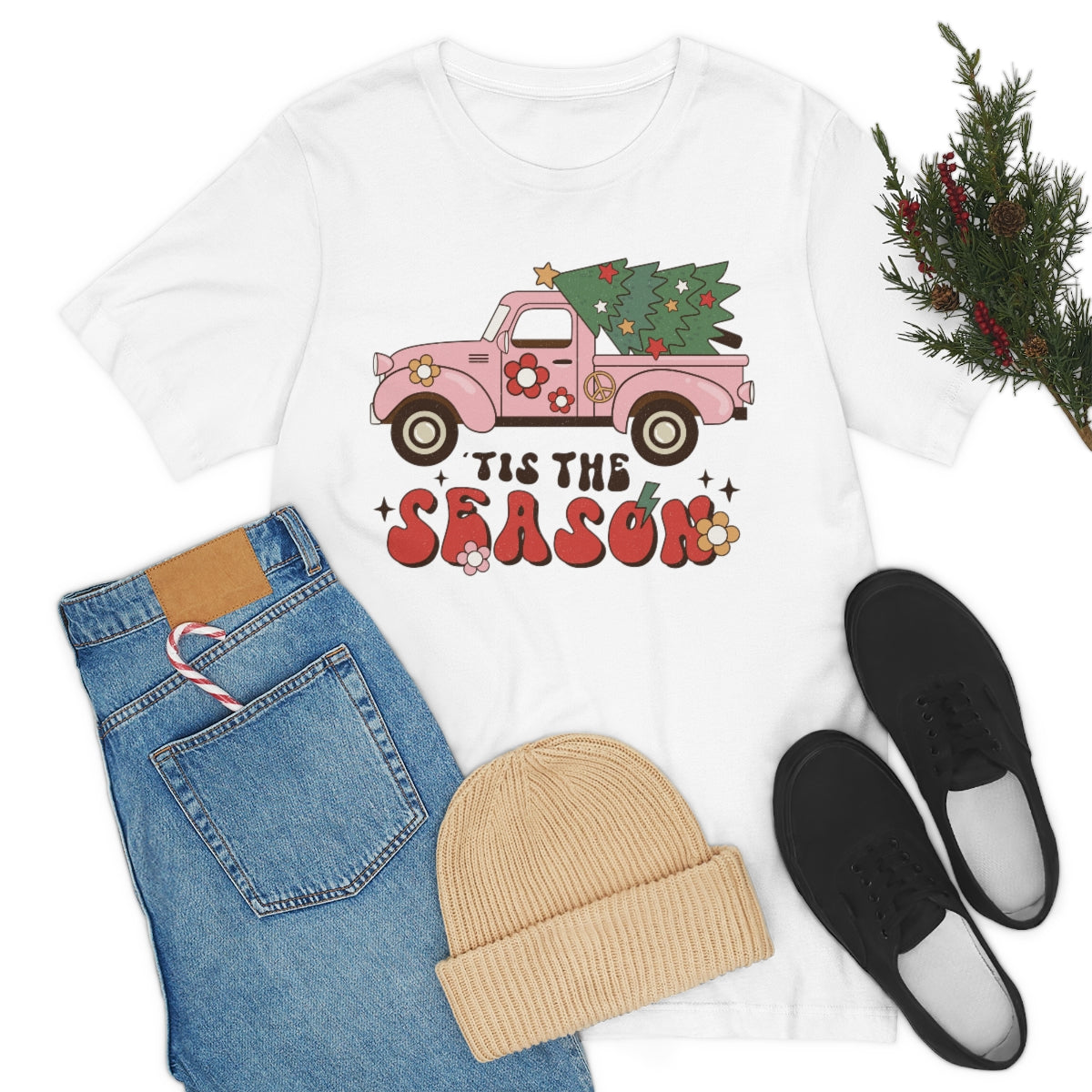 Tis the Season Pink Truck With Cut Christmas Tree Shirt