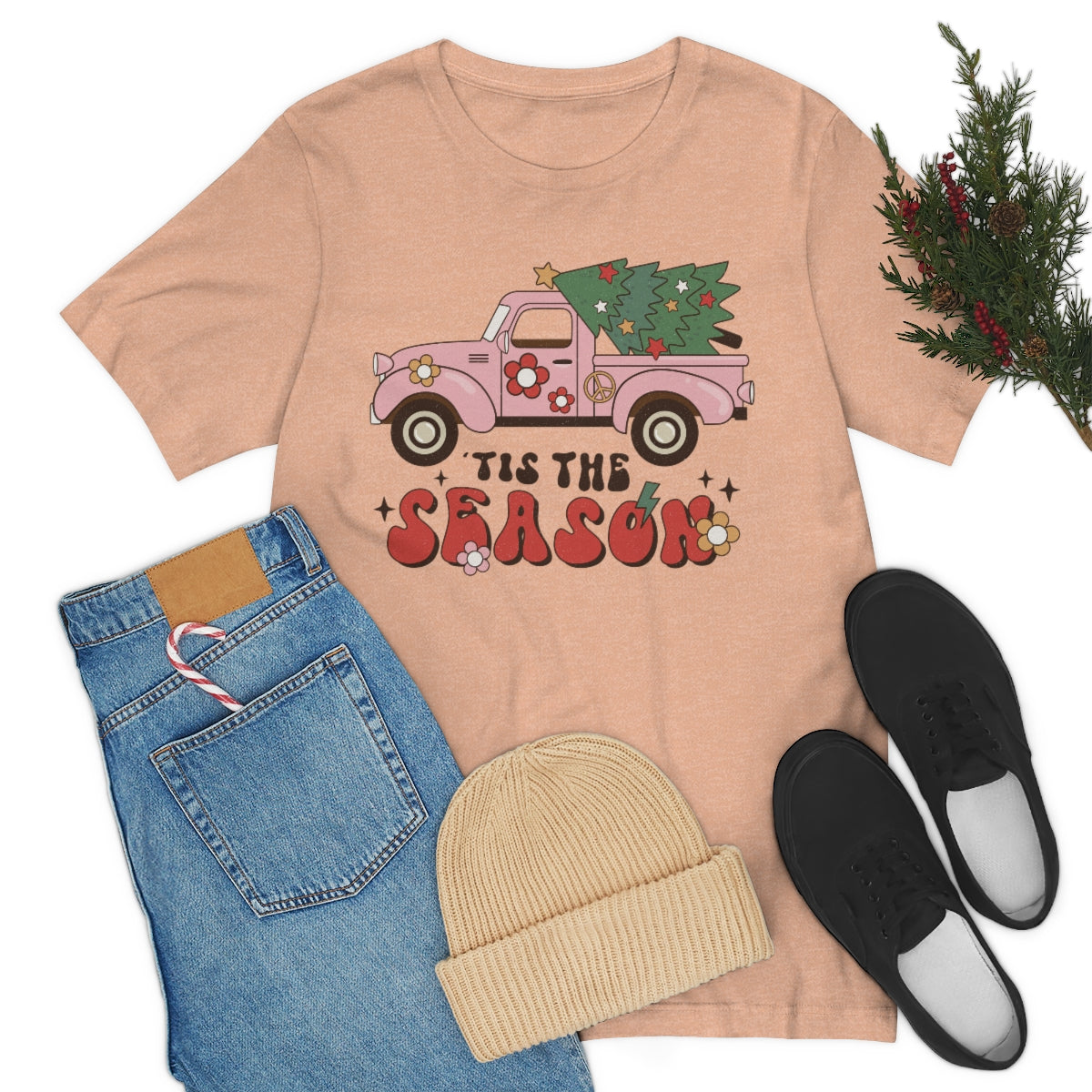 Tis the Season Pink Truck With Cut Christmas Tree Shirt