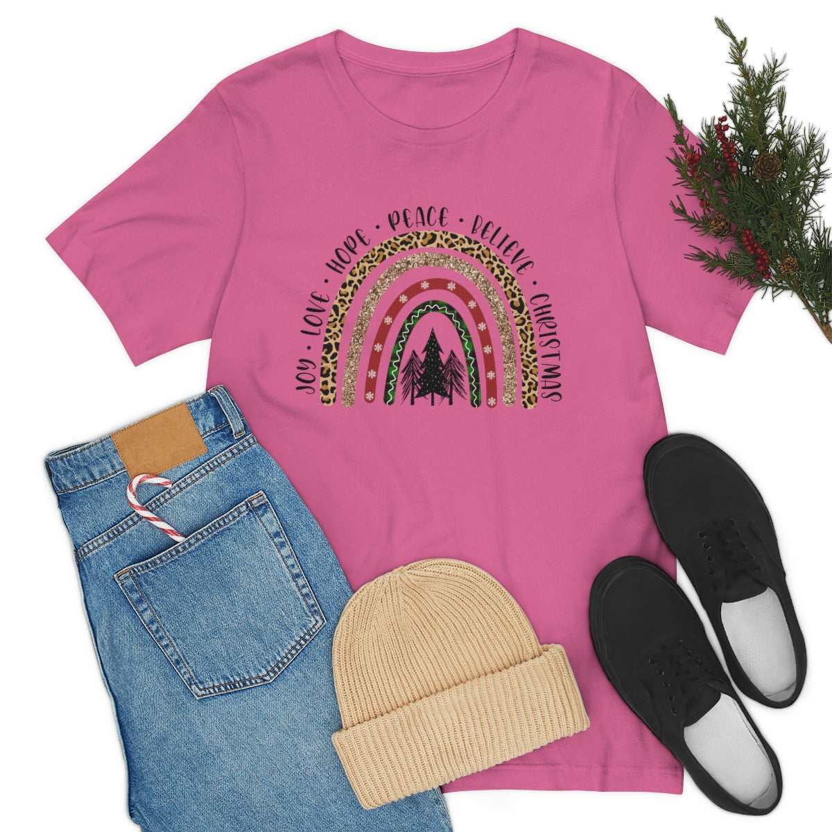 Joy Love Hope Peace Believe Christmas Flannel & Leopard Print Rainbow Shirt