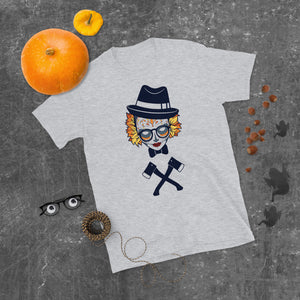 Scary Halloween Girl Skull Wearing A Fedora With Crossed Axes Shirt