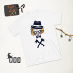 Load image into Gallery viewer, Scary Halloween Girl Skull Wearing A Fedora With Crossed Axes Shirt
