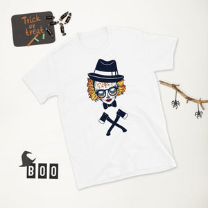 Scary Halloween Girl Skull Wearing A Fedora With Crossed Axes Shirt