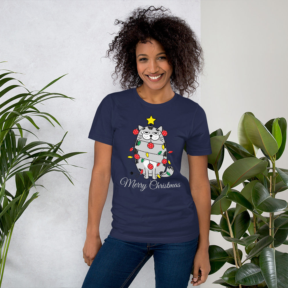 Cat Wrapped in Holiday Lights Merry Christmas t-shirt